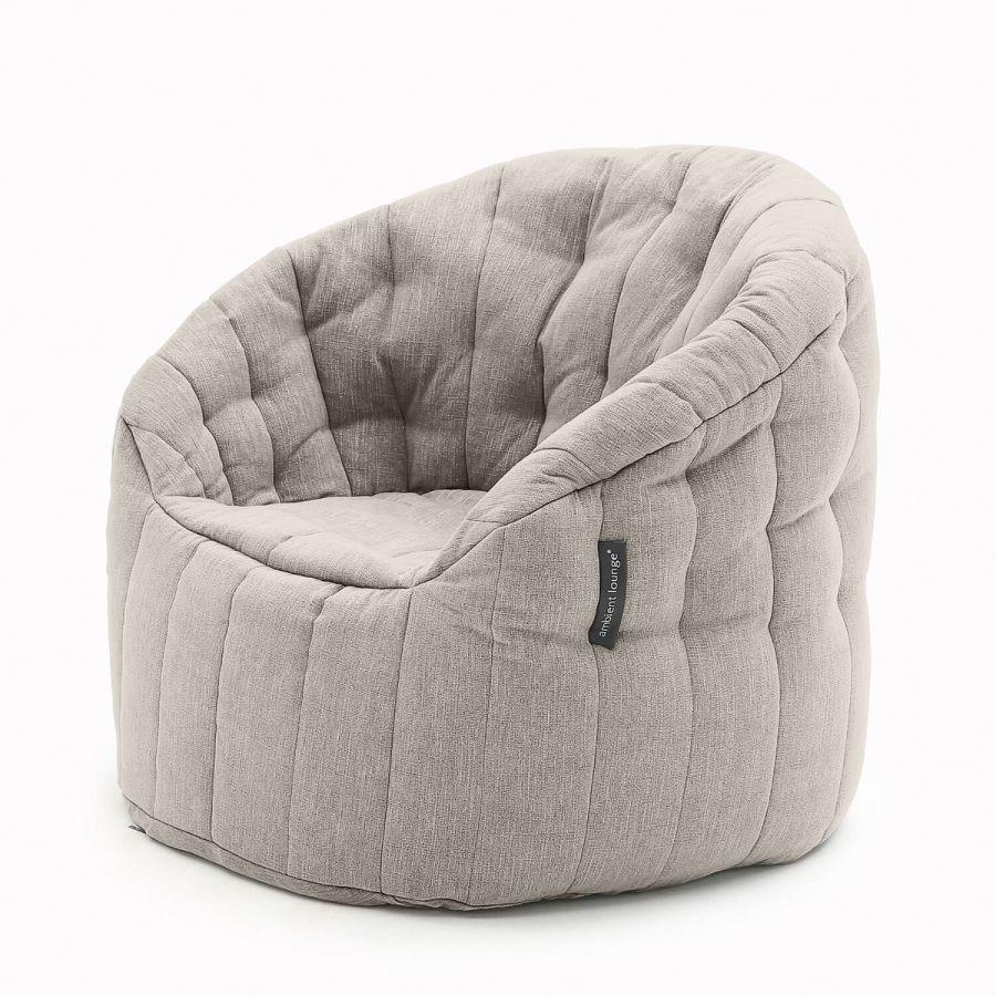 серое полукруглое бескаркасное кресло Butterfly Sofa шенилловое для гостиной, домашнего кинотеатра и офиса — фото в интерьере