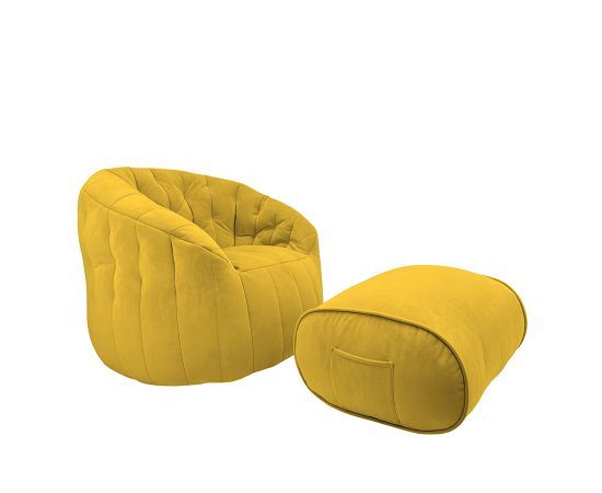 жёлтое просторное бескаркасное кресло Butterfly Sofa Deluxe велюровое в интерьере гостиная