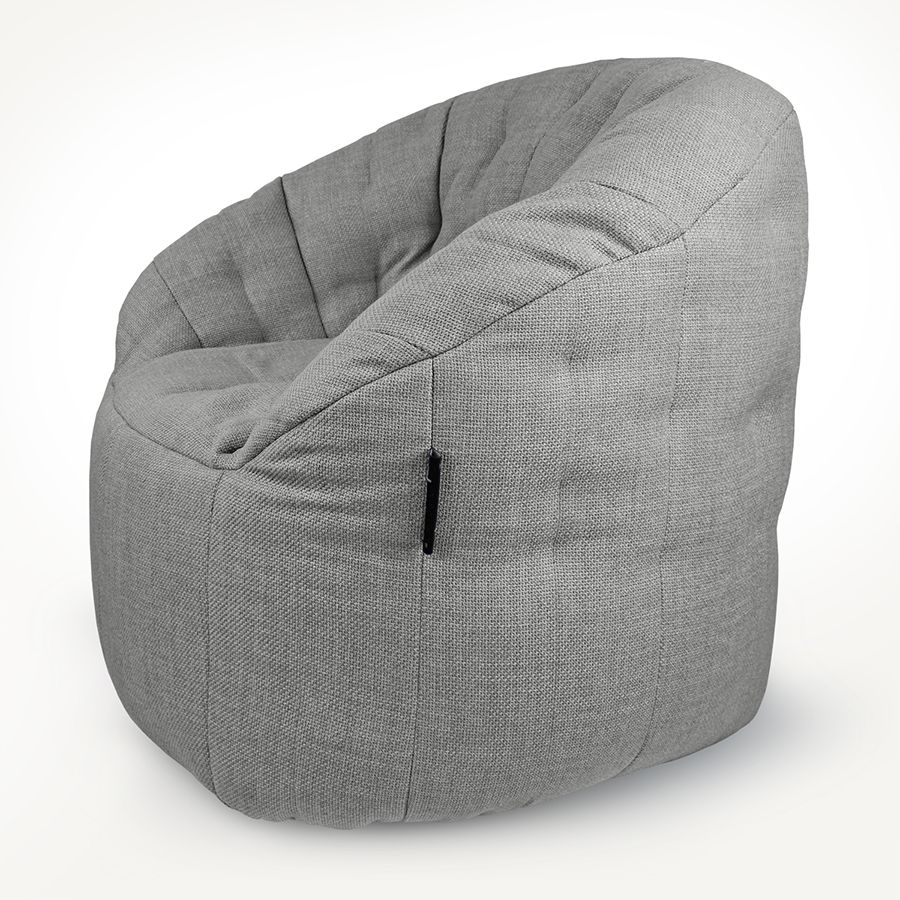серое полукруглое бескаркасное кресло Butterfly Sofa из рогожки для гостиной, домашнего кинотеатра и офиса — вид сбоку