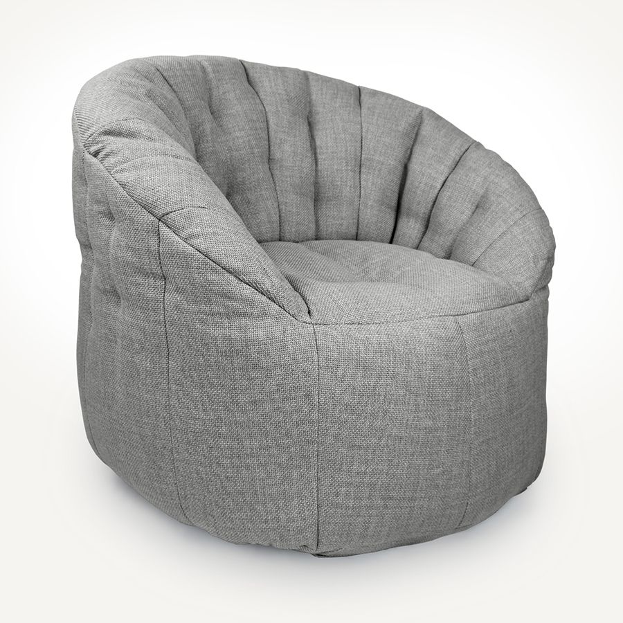 серое полукруглое бескаркасное кресло Butterfly Sofa из рогожки для гостиной, домашнего кинотеатра и офиса — фото в интерьере