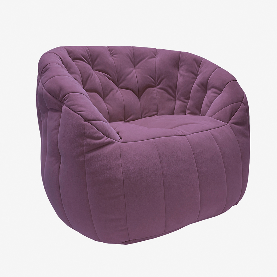 розовое полукруглое бескаркасное кресло Butterfly Sofa велюровое для гостиной, домашнего кинотеатра и офиса — вид сбоку