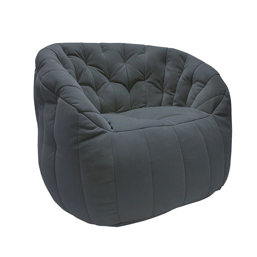 тёмно-серое полукруглое бескаркасное кресло Butterfly Sofa велюровое в интерьере гостиная