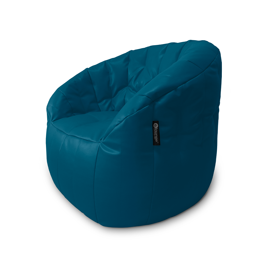 синее полукруглое бескаркасное кресло Butterfly Sofa из экокожи для гостиной, домашнего кинотеатра и офиса — фото в интерьере