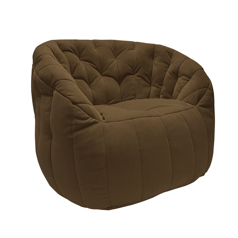 шоколадное полукруглое бескаркасное кресло Butterfly Sofa велюровое для гостиной, домашнего кинотеатра и офиса — крупный план