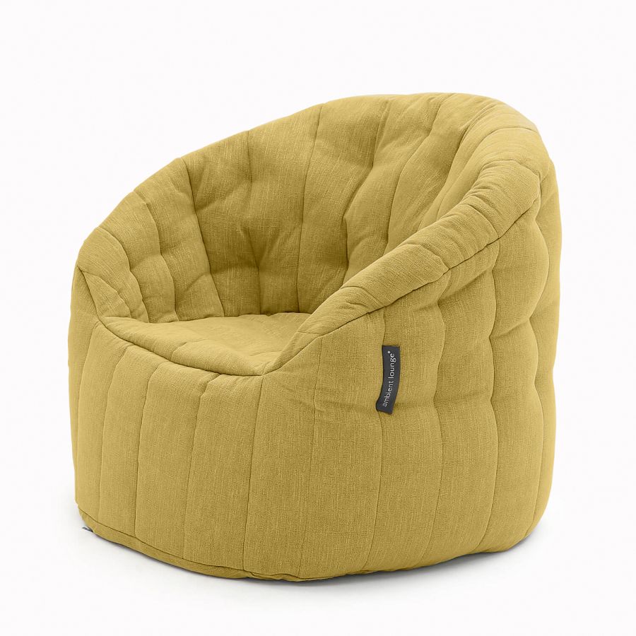 жёлтое полукруглое бескаркасное кресло Butterfly Sofa шенилловое для гостиной, домашнего кинотеатра и офиса — фото в интерьере