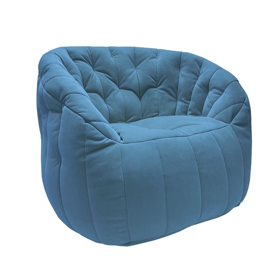 синее полукруглое бескаркасное кресло Butterfly Sofa велюровое для гостиной, домашнего кинотеатра и офиса — вид сбоку