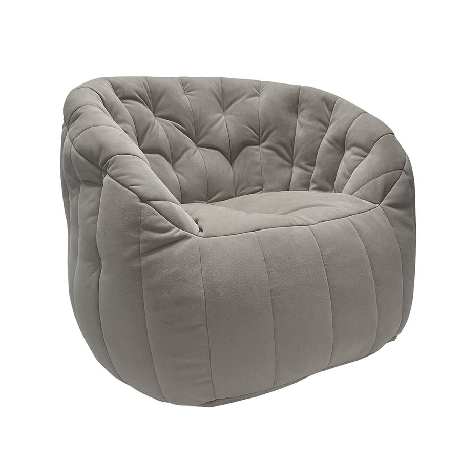 светло-серое полукруглое бескаркасное кресло Butterfly Sofa велюровое для гостиной, домашнего кинотеатра и офиса — крупный план
