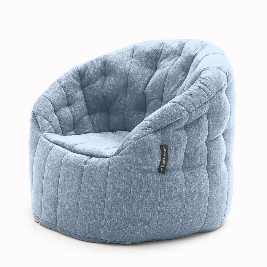 синее полукруглое бескаркасное кресло Butterfly Sofa шенилловое для гостиной, домашнего кинотеатра и офиса — фото в интерьере