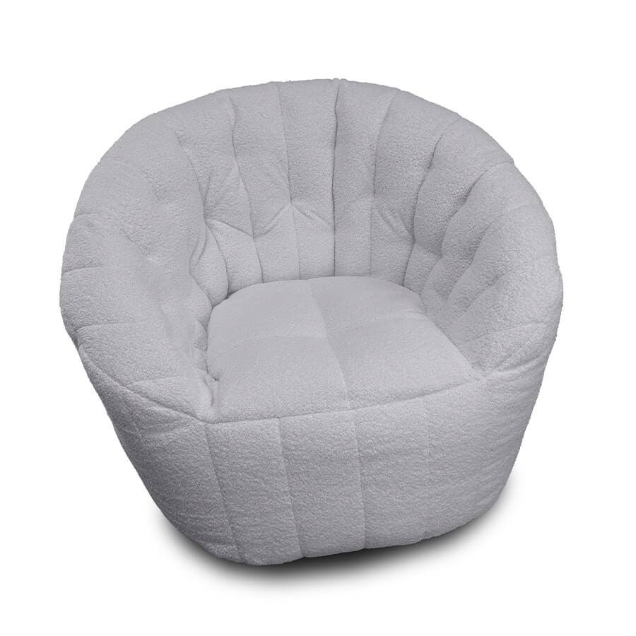 светло-серое полукруглое бескаркасное кресло Butterfly Sofa из искусственного меха для гостиной, домашнего кинотеатра и офиса — вид сбоку