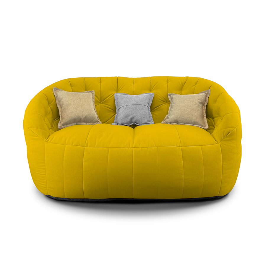 жёлтое двойной бескаркасный диван Butterfly Twin Sofa велюровое для гостиной и домашнего кинотеатра — вид сбоку