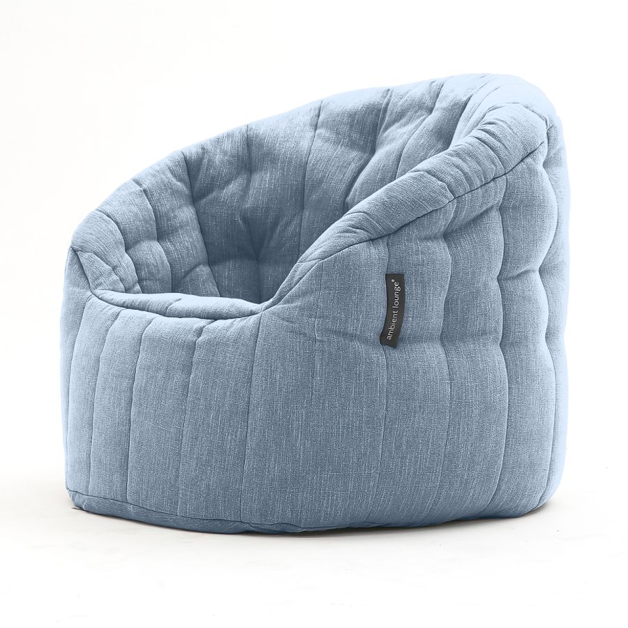 синее полукруглое бескаркасное кресло Butterfly Sofa шенилловое для гостиной, домашнего кинотеатра и офиса — вид сбоку