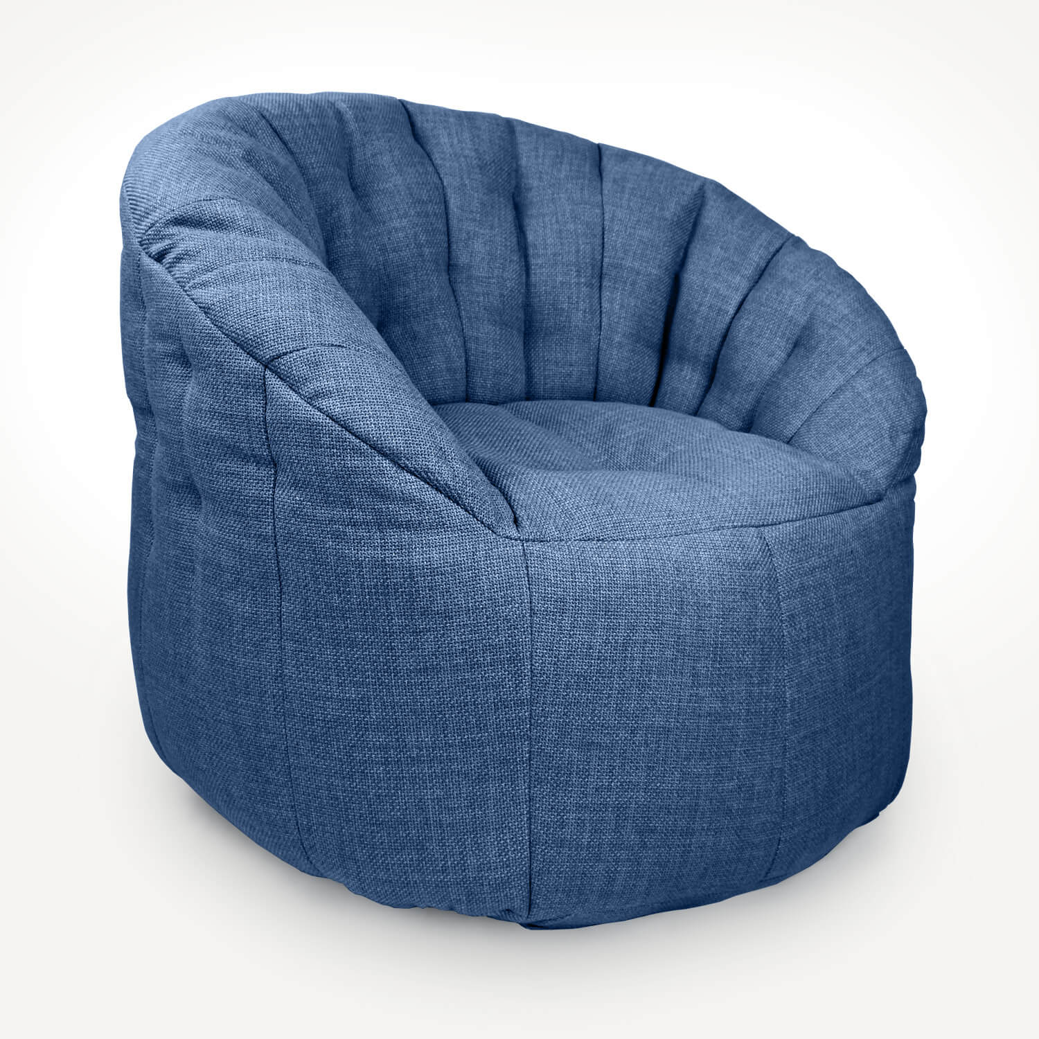 синее полукруглое бескаркасное кресло Butterfly Sofa из рогожки для гостиной, домашнего кинотеатра и офиса — фото в интерьере