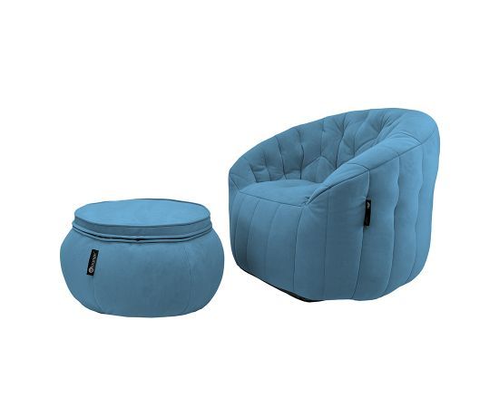 синее кресло-шезлонг бескаркасное Butterfly Chaise велюровое в интерьере гостиная
