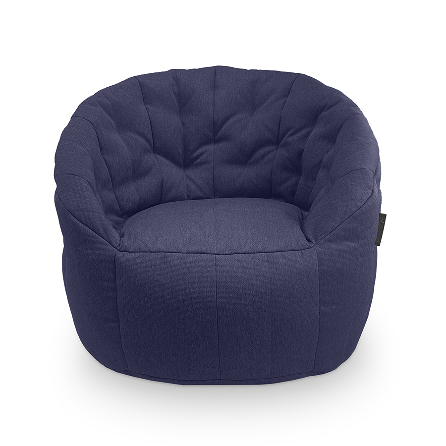 синее полукруглое бескаркасное кресло Butterfly Sofa жаккардовое в интерьере гостиная