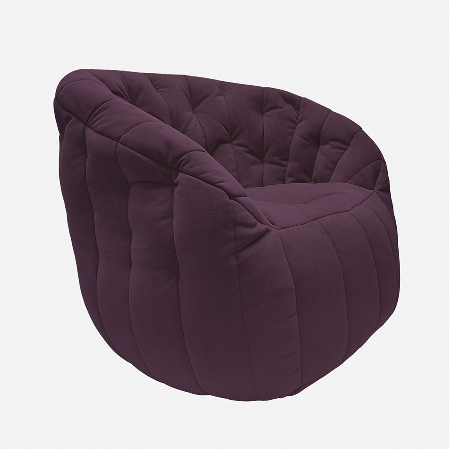 баклажановое полукруглое бескаркасное кресло Butterfly Sofa велюровое для гостиной, домашнего кинотеатра и офиса — фото в интерьере